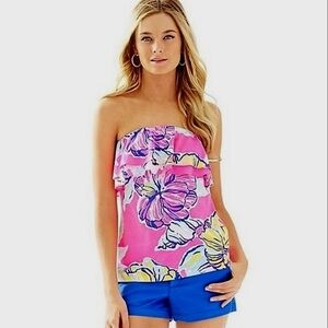 SALE Lilly Pulitzer Rilo Tube Top Kir Royal Swept By The Tides Pink Floral S